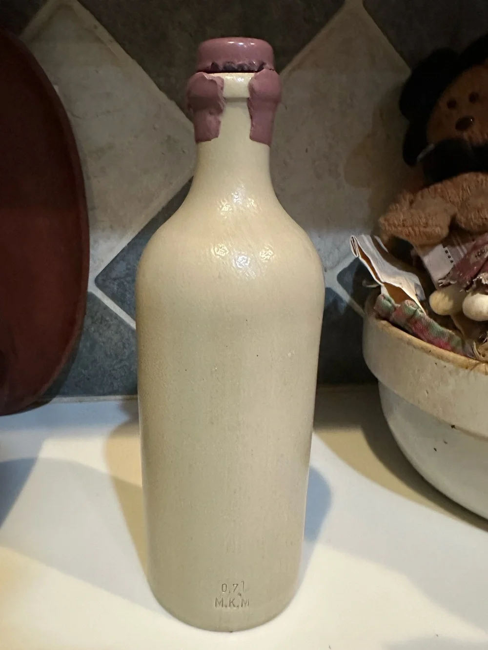 VTG MKM CROCK WINE BEER ALE CIDER VINEGAR CERAMIC CORK BOTTLE VASE CREAM GRAY .7